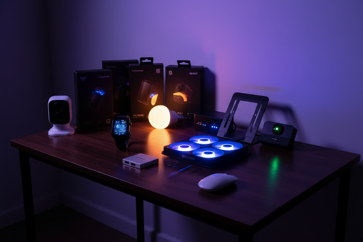 Complete tech product collection with packaging on wooden table