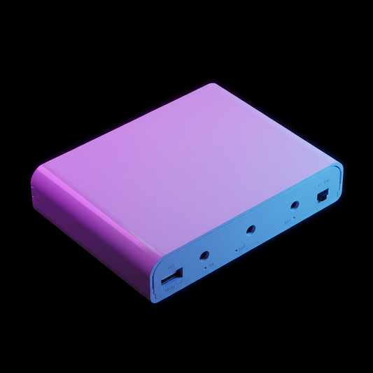 White mini UPS backup power supply with neon lighting